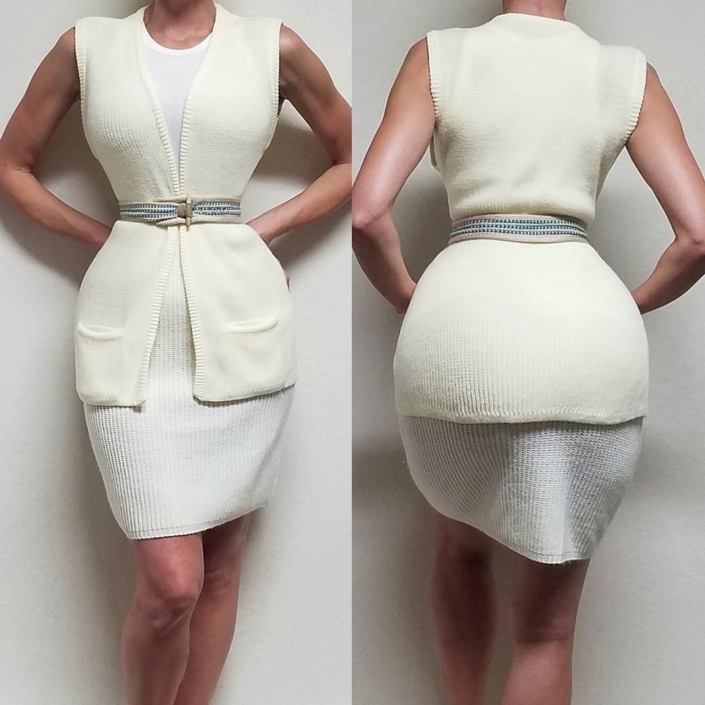 70s Vintage Curry Knits Three-Piece Creamy Knit Vest Pencil Skirt Belt Set M